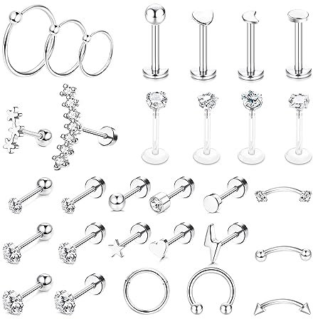 JeweBella 30 Stück 16G Helix Tragus Piercing Chirurgenstahl für Damen Mädchen Zirkonia Kugel Herz Stern Ohrstecker Nasenringe Medusa Labret Daith Conch Piercing Ohr Helix Tragus Silber/Gold