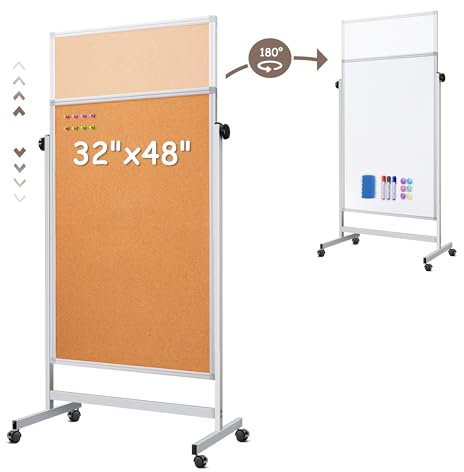 Double Sided Cork Board White Board, 32 x 48 inches Large Cork Board for Office, Height Adjustable Magnetic Dry Erase Board on Wheels, Portable Freestanding Natural Corkboard for Displaying, Planning