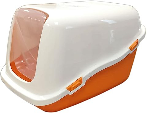 Sabbiera coperta chiusa grande con porta oscillante per gatti – copertura rimovibile e coperchio trasparente apribile, materiale plastico resistente, 57 x 40 x 37 cm (M) (arancione)
