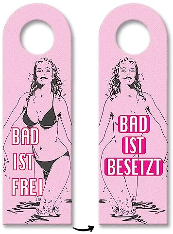 Bad ist besetzt - Bad ist frei Türhänger in rosa mit einer Frau im Bikini für die Türklinke im Badezimmer um endlich in Ruhe duschen zu können und für die Körperpflege Bikini