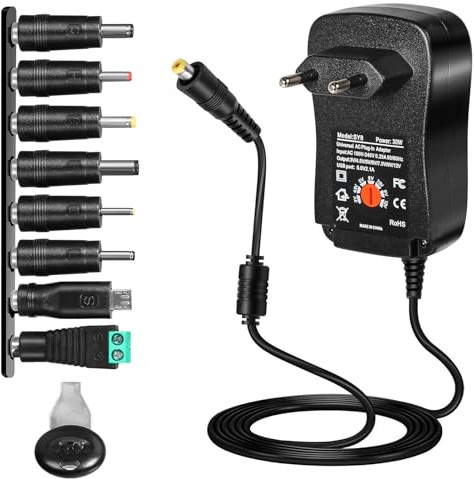 DEWIN 30W Alimentatore Universale CA a CC 3V 4,5V 5V 6V 7,5V 9V 12V, Adattatore Multitensione con Porta USB 5V 2.1A e 8 spine CC per Strisce luminose a LED,porte fai da te, ecc.