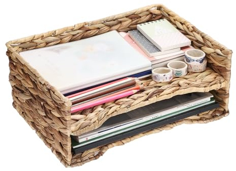 BTSKY Hand-Woven Natural 2 Tier Desk Organizers File Organizer Water Hyacinth Letter Tray Paper Organizer for Office Workspace Organization, USTRAM-58423