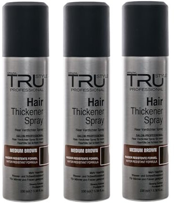 Tru Haarverdichter Spray Mittel Braun - 3x 100ml Haarauffüller für Männer und Frauen, Sofort-Effekt Haarverdichtung, Kaschiert Haarausfall und lichtes Haar