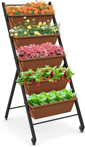 Garden Vertikalbeet Mit 5 Senkrechten Etagen,vertikales Hochbeet Blumenkasten & Balkon Beet Mit 5 Pflanzkasten Metall Rahmen Stabil Mit Rollen, Für Blumen Kräuter & Gemüse-Braun||57 x 74 x 127 cm