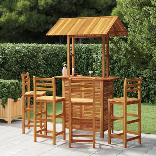 Gecheer 5-TLG. Gartenbar Set Outdoor, Gartenbar Theke, Barhocker, Gartenmöbel, Massivholz Akazie