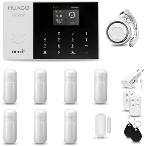 HUXGO® HXA005 Alarmanlage Haus WiFi + GSM mit Sirene | Tuya Smartlife App | Alarm System mit Drahtloser Fenstersensor, 7X Bewegungsmelder | Alarmanlage für Wohnung, Garage