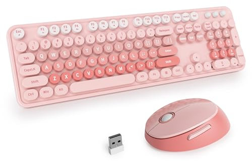 SbocKeeb Cute Teclado y Ratón Inalámbrico, Vistosa de Máquina de Escribir Teclado Retro con Teclas Redondas,2.4GHz Fullsize,Americano QWERTY