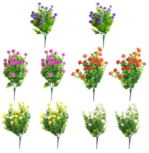 10 Stück künstliche Blumen-Set, Kunststoff-Gartendekoration, Outdoor-Pflanzen, Eukalyptus, Kamelie, Blumensträuße für Zuhause, Terrasse, Veranda, Innenräume, Dekoration (gemischte Farben)