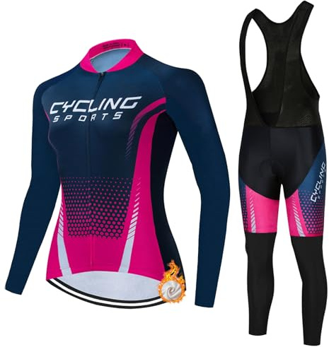 Completo Ciclismo Abbigliamento Bici MTB Donna,Maglia da Ciclista Invernale Maglietta Ciclo Termico Vello Giacca Manica Lunga e Salopette Pantaloni con 19D Gel Imbottiti,Completi Tuta da Bicicletta