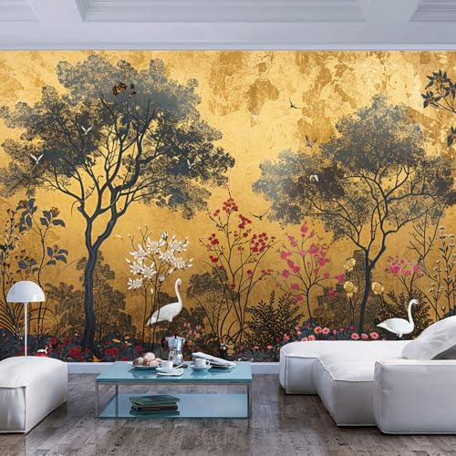 Fototapete 3D Effekt Tapeten Retro Blumen Vögel Pflanzen Landschaft gold Tapete Wandtapeten Wohnzimmer Schlafzimmer Kinderzimmer Moderne Wandbilder XXL Wand Dekoration