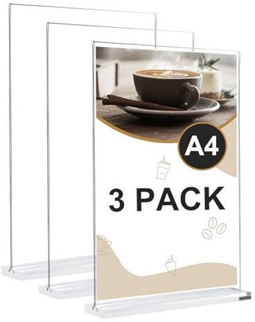 Samamoca 3 Pack A4 Acrylic Sign Holder,Clear Poster Menu Holders, A4 Stands Display Holder,Double Side Display Acrylic Sign Holder,T-Shape Perspex Display Holder for Office Shop Restaurant School