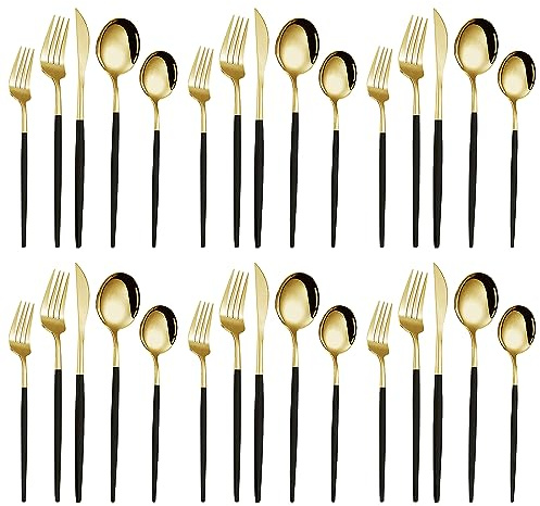 30-Piece Black and Gold Cutlery Set for 6, Stainless Steel Flatware Set with Black Handle & Gold Finish, Dishwasher Safe Knife, Fork, Spoon Set for Home, Restaurant & Parties