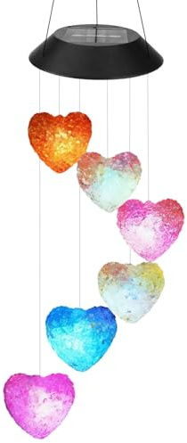 Carillon éolien solaire en forme de cœur avec lumières LED multicolores pour décoration extérieure, alimenté par l'énergie solaire, résistant aux intempéries, lampe suspendue pour jardin et cour