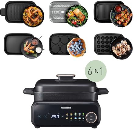 Panasonic NF-GM600 Multicuiseur Electrique 6-en-1, Plancha, Frire, Cuisson Lente, BBQ, Vapeur, Sauté, 1400W 40–250°C 9 Modes Auto, 6 Plaques Antiadhésives, Extracteur de Fumée