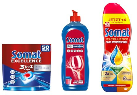 SOMAT Spülmaschinen Set – Excellence 3in1 Caps 50 Stück 905 g + Duo Power Gel 992 ml + 5in1 Klarspüler 750 ml – kraftvolle Reinigung gegen Fett & Kalk, für strahlendes Geschirr