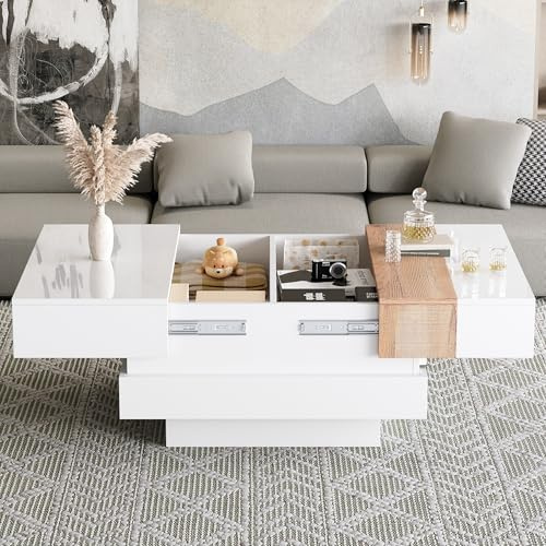 BTM 70 * 70 * 39cm Hochglanz mit ausziehbarer Tischplatte, Beistelltisch, Quadratischer Couchtisch mit verstecktem Stauraum und Trennwänden, weiß + Primärfarbe