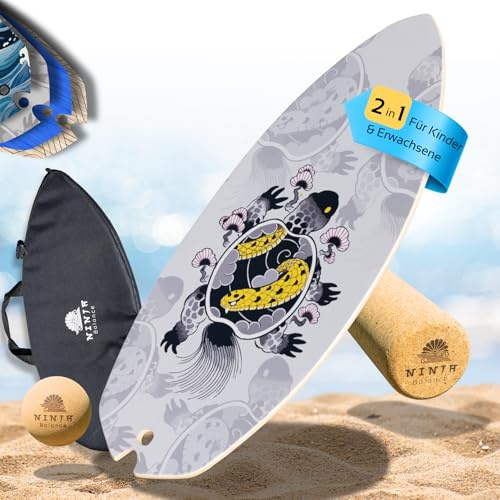Ninja Balance Board | Balance Board + Korkrolle, Ball, Tasche Gleichgewichtstrainer für Kinder & Erwachsene 100% Holz in Rocker shape - Indoor Surfing Board Fitness Trickboard Core Training | Turtle