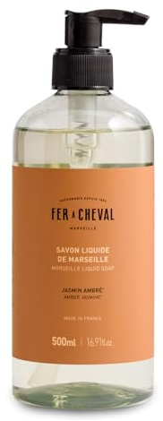 Fer à Cheval Savon Liquide de Marseille Jasmin Ambré 500 ml, pour Adultes 97% d'Ingrédients d'Origine Naturelle