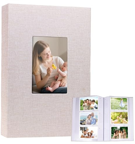 Varenzya Album Photo 10x15cm 300 Pochettes,Photo Album Plug-In avec Couverture en Lin,Album-Photo avec Espace pour Écrire,Albums Photos avec DIY Fenêtre pour Famille,Mariage,Voyages,Enfants (Beige)