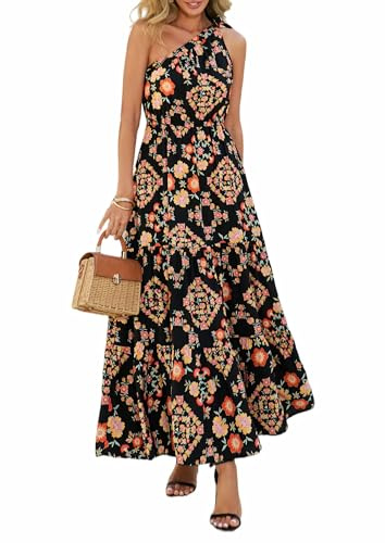 PRETTYGARDEN Women's Summer Floral One Shoulder Maxi Dress Knot Ruffle Boho Beach Vacation Wedding Guest Long Sun Dresses (Black Multicolored Floral,Medium)