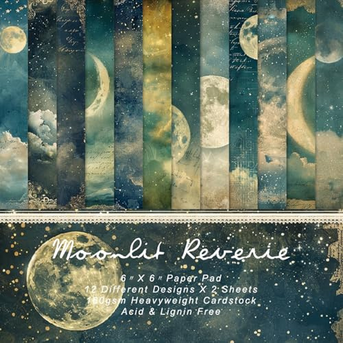 PLUSHCEWT Vintage Moonlight Pattern Scrapbook Paper Pack, 24 Sheets 6x6 Inches, Cardstock for Origami, Scrapbooking, Decoupage, Card Making, Craft Paper Sheets for Journaling & DIY Projects
