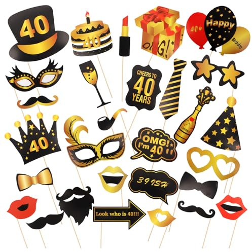 KIUEZIR 30 Stück Foto Requisiten zum 40 Geburtstag, Schwarz & Gold Party Deko, Ideal für Familientreffen & Abendessen mit Erwachsene Freunden, Lustige Fotoecken Accessoires für Geburtstagsdeko