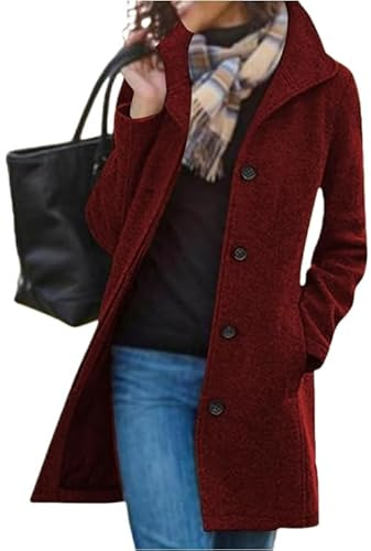 Manteau mi-long en laine mélangée pour femmes, manteau en laine à col montant, boutonnage simple boutonnage, caban, trench d'hiver, manteaux pour femmes, bordeaux, M