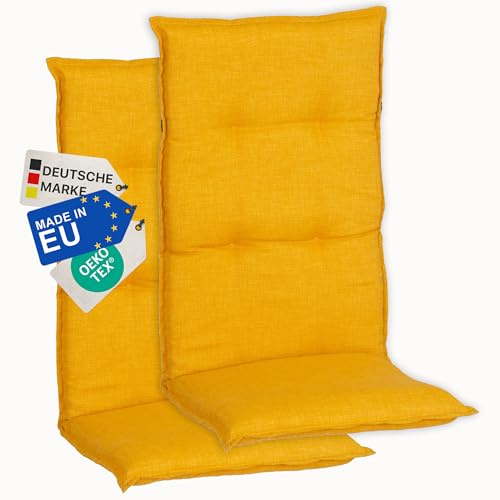 NYVI Gartenstuhl Auflagen Hochlehner 2er Set Barcelona - UV-Beständig, Atmungsaktiv, Strapazierfähig - Hochlehnerauflagen Sitzkissen Outdoor - Sitzauflagen für Gartenstühle 118x50cm Senfgelb