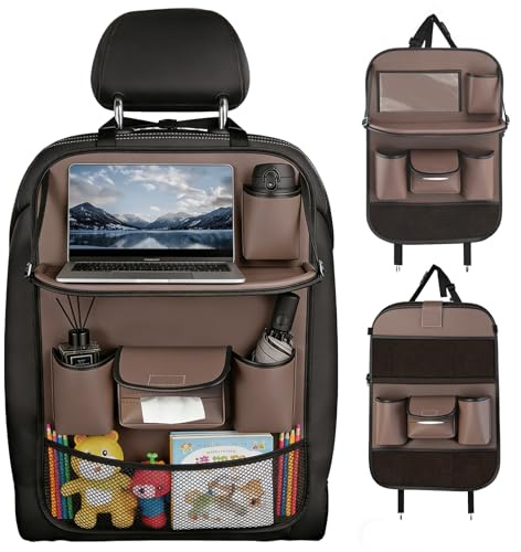 Organizador Asiento Coche,Protector Asiento Coche Respaldo con 7 Bolsillos,Bolsa de Almacenamiento de Asientos para Automóviles con Mesa Plegable,Organizador Coche para iPad Tablet Juguetes (Marrón)