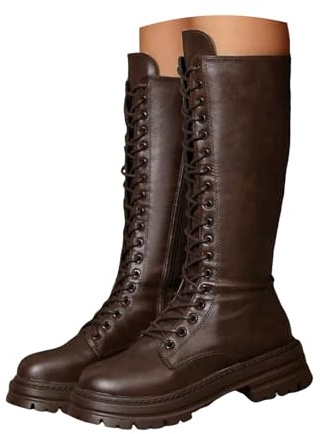Bottes à lacets pour femme, talon épais à lacets, semelle à crampons, bout rond, fermeture éclair, mode moto punk combat bottes longues
