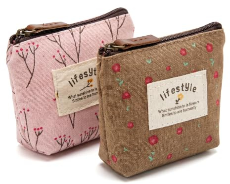 Small Purses for Women, 2 Pack Floral Canvas Coin Purse, Mini Zip Pouch