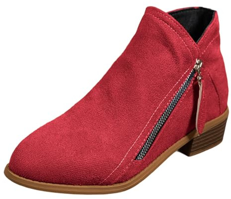 Generico Elegantes botas de mujer de piel de ante casual con punta afilada, tacón grueso, cremallera lateral, cómodos zapatos para el uso diario y para el trabajo., rojo, 40 EU