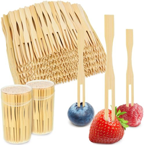 Jovitec 220 Pcs Mini Bamboo Forks 3.5 Inch Appetizer Cocktail Forks Bulk disposable Wood Toothpicks Double Prong Charcuterie Picks for Birthday Party Wedding Food Fruit Supply