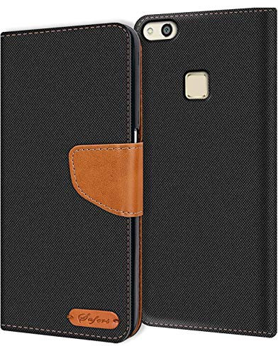 Verco für P10 Lite Hülle, Schutzhülle für Huawei P10 Lite Tasche Denim Textil Book Case Flip Case Klapphülle, Schwarz