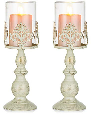 NUPTIO 2 Pcs Vintage Metal Pillar Candle Holder Antique Hurricane Candlestick with Glass Cover, Accent Display for Home Wedding Christmas Halloween Candlelight Dinner Mantlepiece Decoration (2 x L)