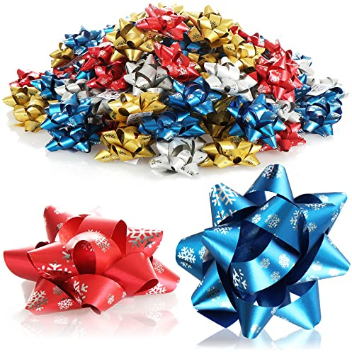 COM-FOUR® 100x Geschenkschleife in tollen Farben - selbstklebende Dekoschleifen mit Schneeflocken-Muster für Weihnachten und Geburtstagsgeschenke (100 Stück - Flocke - 4 Farben)