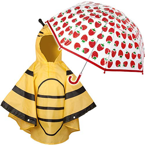alles-meine.de GmbH 2 TLG. Set: Regenschirm + 3D Effekt - Regenponcho - Erdbeere & Biene - Kinderschirm - Ø 76 cm - durchsichtig & durchscheinend - transparent - Regencape - Kind..