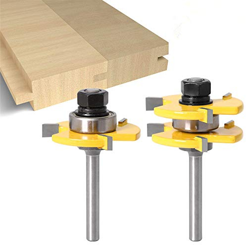 2Pcs Tongue and Groove Router Bits Set 1/4-Inch Shank/Wood Milling Cutter Set 3 Teeth T Shape for Wood Door Flooring Wood Milling Cutter Woodworking Tool
