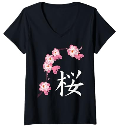 Femme Sakura Festive Fleurs de Cerisier Japonais Kanji T-Shirt avec Col en V