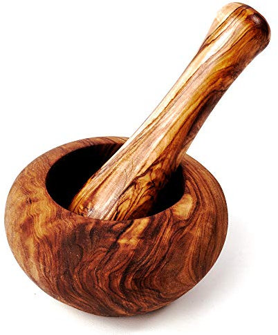 Mortier et pilon en bois d'olivier - Bord rond (env. 14 cm de diamètre)