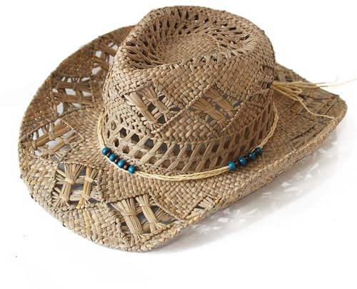 Cowboyhut aus Stroh, Panama, mit Westernband, Unisex, Einheitsgröße für Herren und Damen, für den Sommer (XH-100), beige