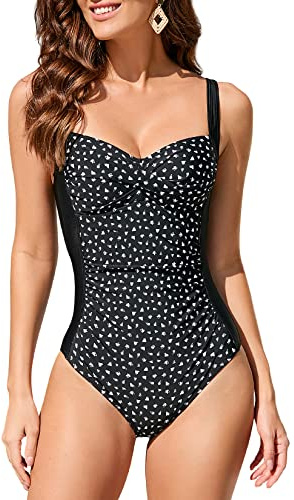 WIN.MAX One Piece Swimming Costume Tummy Control Swimsuit Ruched Padded Swimwear, Plus Size Bathing Suits for Women Vintage Push Up Monokinis for C to DD Cup(BD,UK16)