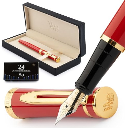 Wordsworth & Black Füllfederhalter-Set, 18K Gilded Extra Fine Nib, inkl. 24er Pack Tintenpatronen, Tintenkonverter & Geschenkbox, Gold Finish, Kalligraphie, [Crimson Red], perfekt für Männer & Frauen