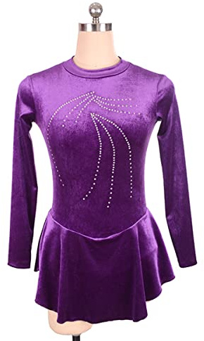 YDHTIZ Kinder Mädchen Eiskunstlauf Kleid Lyrische Frauen Erwachsene Figur Eislaufen Kleid Samt Lange Ärmel Strass Gymnastik Leotard Activewear (XS,Purple)