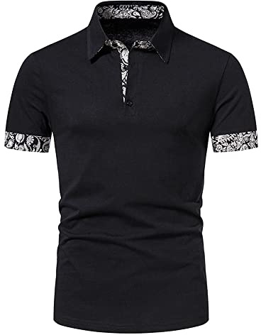MakingDa Mens Polo Shirts Short Sleeve Slim Fit Summer Casual Smart Collared T Shirt Work Golf Poloshirts Tops Contrast Color Patchwork Polos-B14-Black-XXL