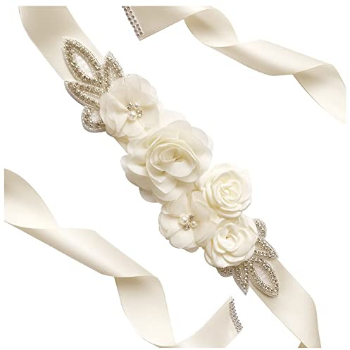SHTGOI Cinturón de mujer con perlas de estrás para novia, con flores, cinta de raso, para boda, cinturón de novia, dama de honor, faja, rosa, vestido de novia, accesorio para vestido, 270 cm, color