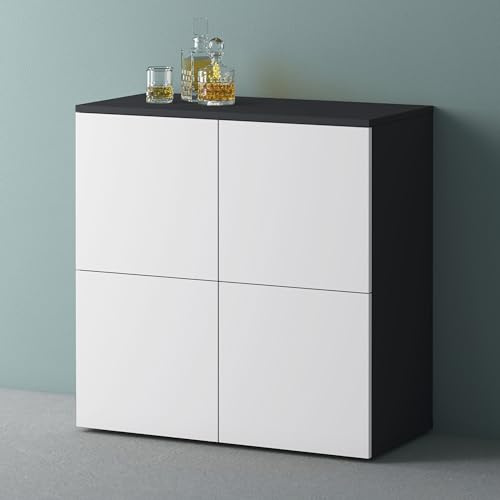 Mai & Mai Sideboard 76cm Kommode 4 Türen Soft-Close grifflos Stauraum | Sideboard Wohnzimmer, 4 Stauräume, verstellbare Füße, Flurschrank, Anthrazit matt + Weiß matt, BxTxH:76x36,4x74cm, Schrank04