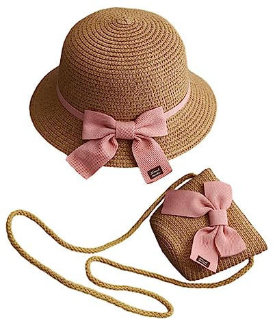 Pomurom paja playa para niños - paja verano para niños, conjunto protección solar transpirable y cartera para niños pequeños y niñas con lazo para viajes,