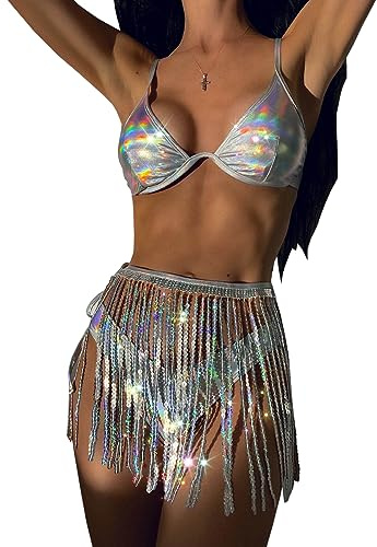 SNOMYRS Sequin Skirt Fringe Holographic Disco Cowgirl Outfit Sparkly Dresses Crop Top Bikini Festival Outfits For Women - Silver