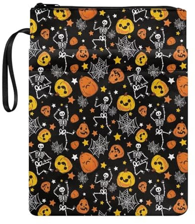 NETILGEN Skelett Kürbis Stern Buchhülle Schutz mit Reißverschluss und Fronttasche Stifthalter, Buchliebhaber Geschenke, waschbarer Stoff Buchschutz Abdeckung Taschenbuch Book Sleeve, NET-CZ25